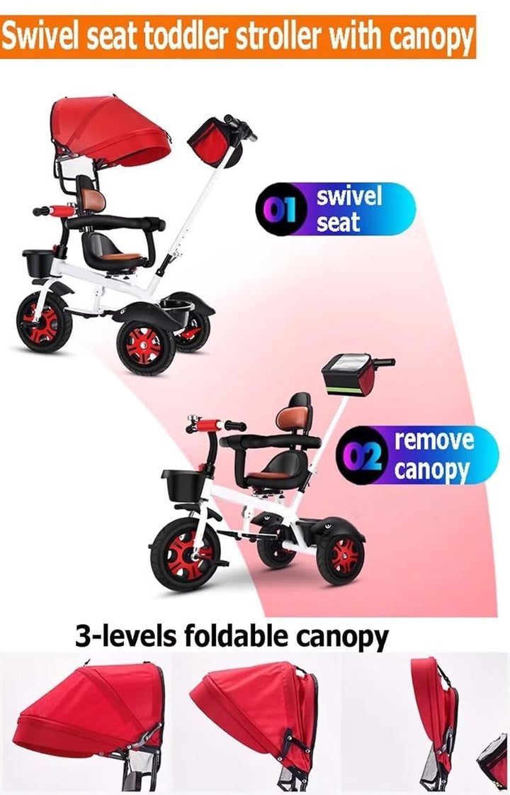 Reversible Seat Toddler Stroller Buggies, Children Pram with Canopy, High Back Guardrail and Belt, Parent Steering Tricycle Handle(White Red,No Headlight)