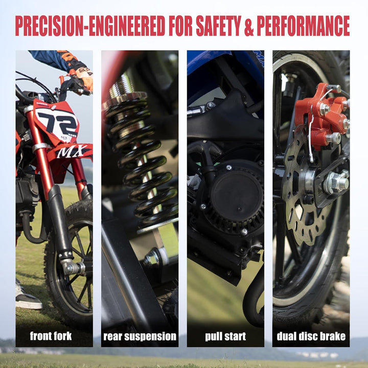 49CC Gas Dirt Bike for Kids 24 MPH Max Speed, Front/Rear Disc Brakes, Dual Suspension, Easy Pull Start - Mini Off-Road Motorcycle, with Armor 250 LBS Capacity Red