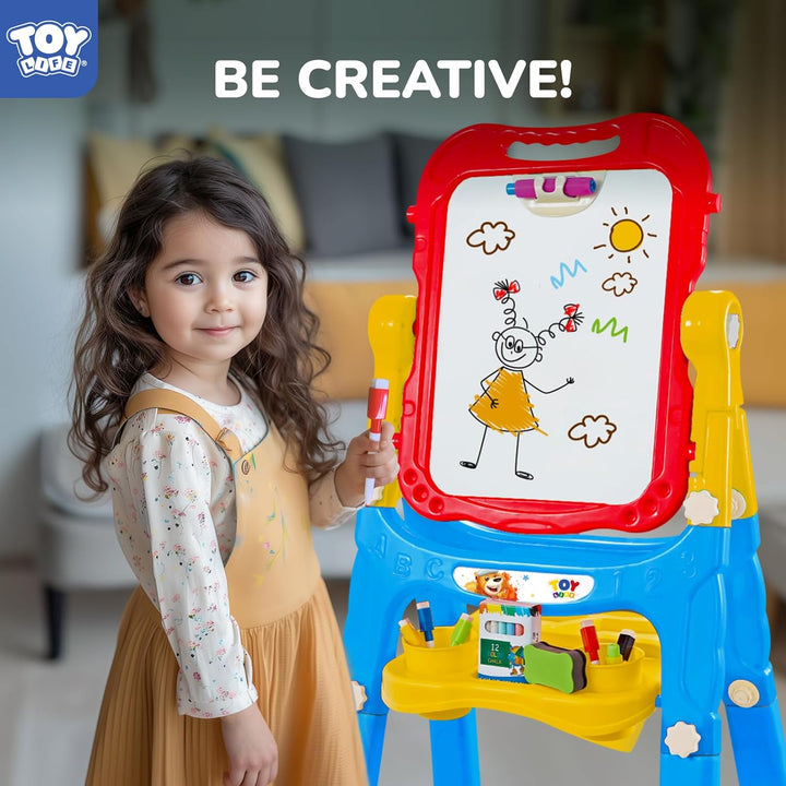 Large Art Easel for Kids, Double-Sided 4In1 Toddler Easel with Rotable Magnetic Chalkboard & White Drawing Board, Height Adjustable with Magnetic Letters & Numbers Gifts for Boys and Girls