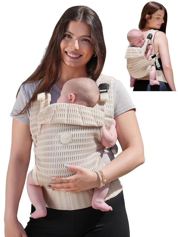 Baby Carrier Newborn to Toddler, Breathable Mesh Carrier(7-44Lbs) with One-Click Sliding Clasp, Head Support, Ergonomic Design and Hands-Free Comfort, Almond Beige