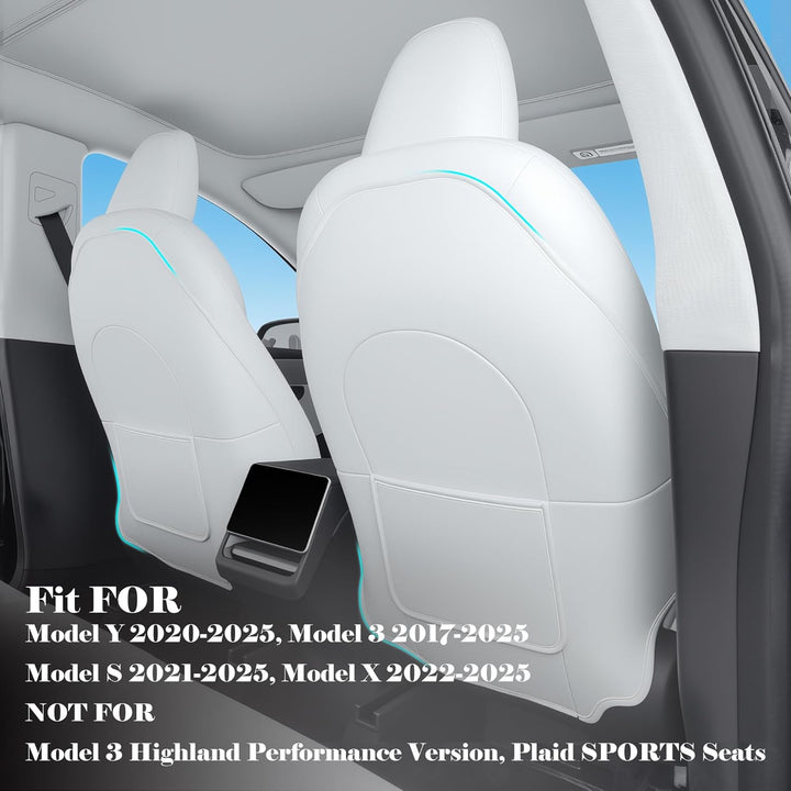 Seat Back Kick Protector for Tesla Model Y Model 3 Model S Model X Leather Backseat Mats for Kids Wear-Resistant Back Seat Cover with Extra Organizer Pocket 2 PCS -White