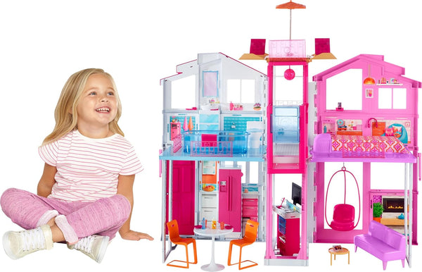 Doll House Playset, 3-Story Townhouse with 4 Rooms & Rooftop Lounge, Furniture & Accessories Including Swinging Chair (Amazon Exclusive)