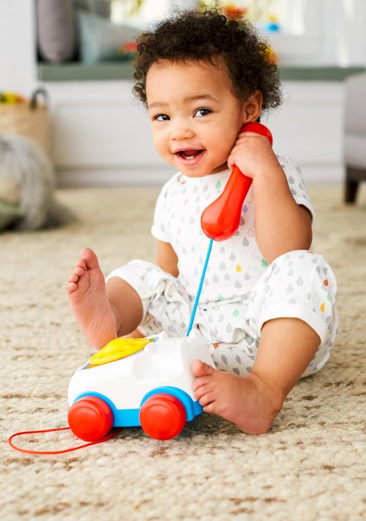 Toddler Pull Toy Chatter Telephone Pretend Phone with Rotary Dial and Wheels for Walking Play Ages 1+ Years