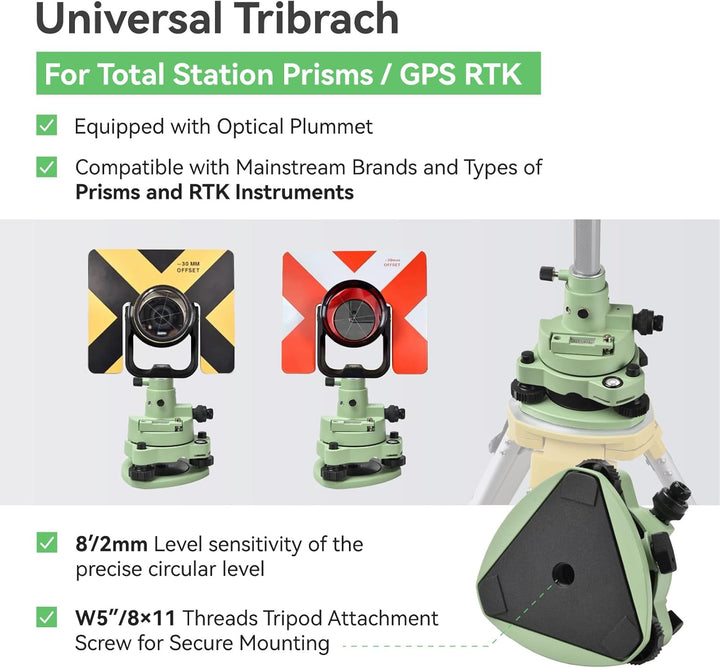 Surveying Tribrach and Adapter, Green Three-Jaw RTK Base with Optical Plummet, 5/8″ Thread for GNSS GPS RTK & Total Station Prism Optical Targeting Base