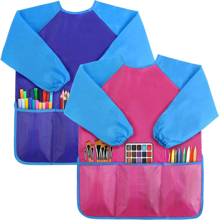 2 Pack Kids Art Smock,Kids Painting Apron,Children Artist Aprons with Long Sleeve 3 Pockets for Toddlers 3-6 Years
