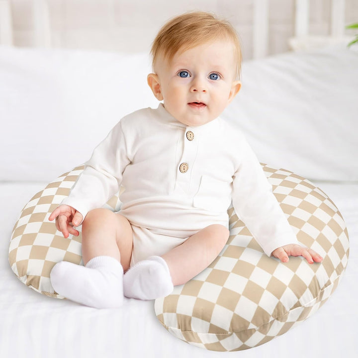Nursing Pillow Cover, Stretchy Removable Case for Breastfeeding Pillows, Ultra Soft Comfortable Slipcover for Baby Girl and Boy, Light Brown Checkerboard