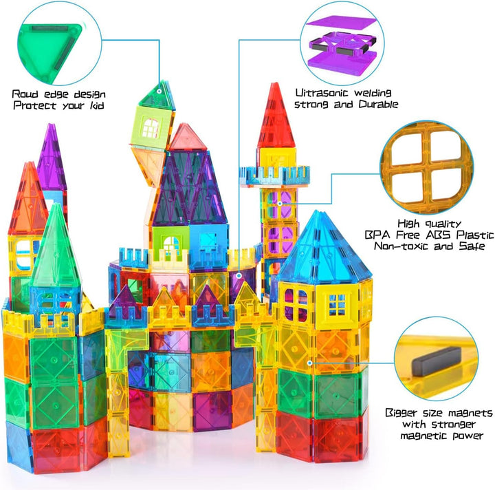 Magnetic Tiles,102Pcs Magnetic Building Blocks 3D Clear Construction Playboards, Inspiration, Creativity beyond Imagination, Educational Magnet Toy Set for Kids with 2 Cars