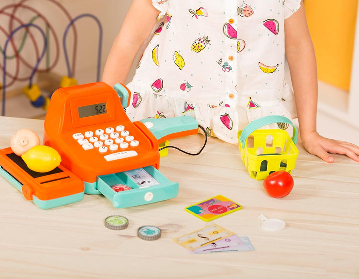 – Interactive Kids Cash Register with Scanner & Sounds – 26 Pieces Pretend Play Shopping Set with Light – up Scanner, Play Money & Card – Educational Toy for Learning & Fun – 3+ Years