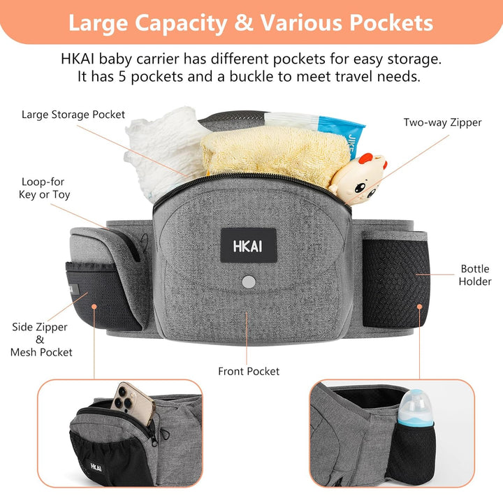 Baby Hip Carrier, Mom’S Choice Award Winner, Baby Carrier with Adjustable Waistband & Breathable Mesh, Ergonomic Carrier with Non-Slip Hip Seat Surface for Newborns & Toddlers, (Grey)