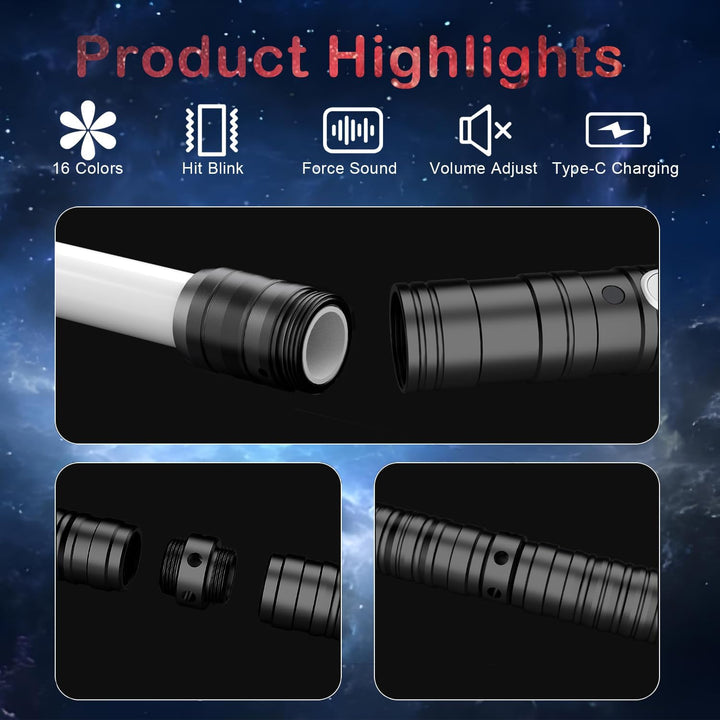 Lightsabers Metal Hilt Dueling Light Sabers RGB 16 Color, FX Sound, Doubled Blade, Rechargeable Sword for Adult Kids Birthday Thanksgiving Xmas Toys Gift Halloween Cosplay