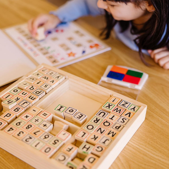 Deluxe Letters and Numbers Wooden Stamp Set Abcs 123S with Activity Book, 4-Color Stamp Pad - FSC Certified