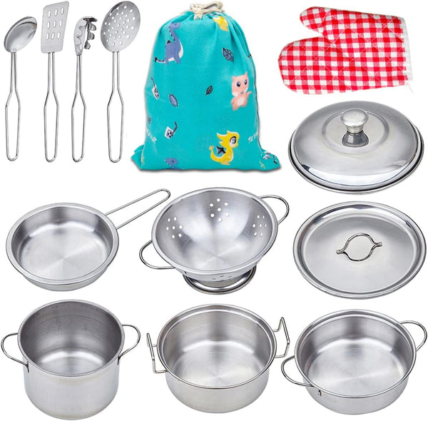 Play Pots and Pans Sets for Kids, Stainless Steel Cookware Toys Gift Set for Christmas, Pretend Play Kitchen Accessories, Role Play Educational Toys for Kids Toddlers Boys Girls