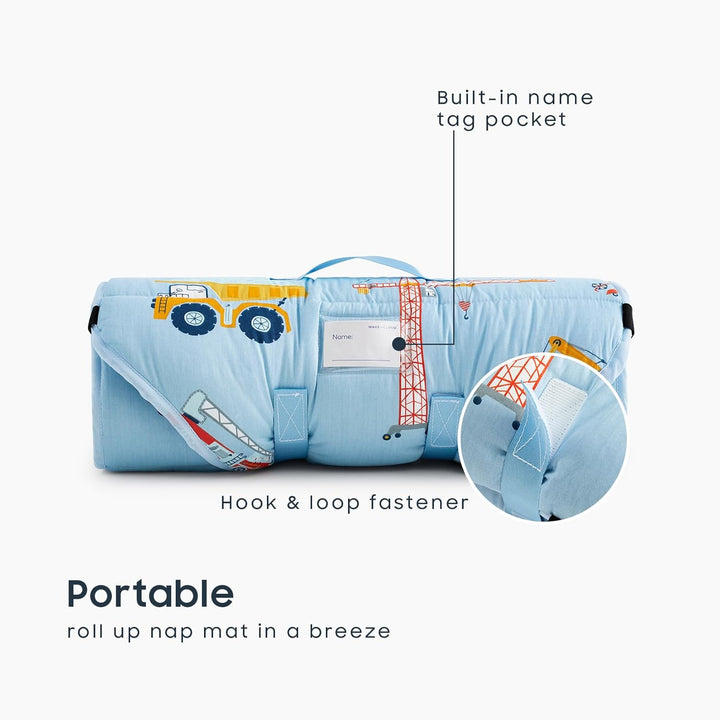 - Cot Nap Mat with Pillow and Blanket, 100% Cotton Fabric, for Toddler Kids Boys Girls in Daycare Kindergarten Preschool with Elastic Corner Straps, Cars Cranes Trucks on Blue