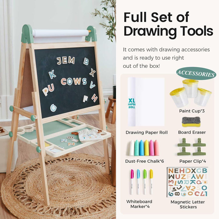 Easel for Kids, Double-Sided Magnetic Easel with Drawing Accessories, Adjustable Wooden Kids Art Easel with Paper Roll, Learning-Toy for 3,4,5,6,7,8 Years Old Boy & Girls Green