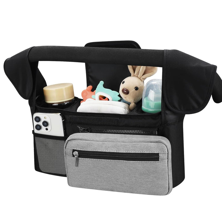 Universal Stroller Organizer with Insulated Cup Holder Detachable Phone Bag and Shoulder Strap,Stroller Bag Caddy Organizer Fits for Uppababy, Baby Jogger, Britax Strollers