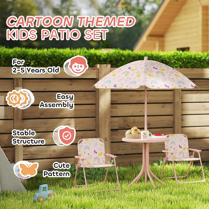 Kids Picnic Table and Chair Set, Outdoor Activity Table with Foldable Chairs, Removable Umbrella, Rainbow Pattern Toddler Patio Furniture for Backyard, Garden, Pink