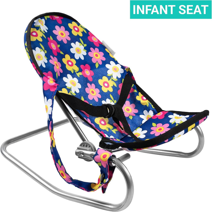 4 Piece Baby Doll Play Set Flower Design Includes - Foldable Pack N Play, Baby Doll Stroller, Baby Doll High Chair, Infant Seat, Fits up to 18'' Doll 4 Piece Doll Accessories Set