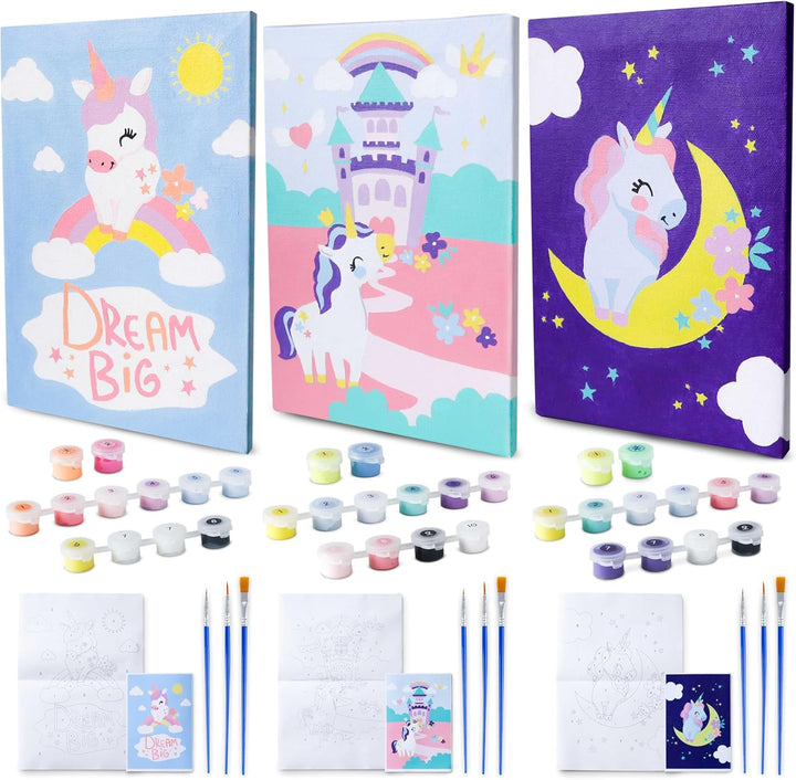 Paint by Numbers Kit for Kids Unicorns Pack 3 Canvas Paint by Number Canvas Framed Pre Drawn, Unicorn Gifts for Girls | Arts and Kids Crafts 4-6 8-12, Pintar Por Numeros | Unicorn Craft