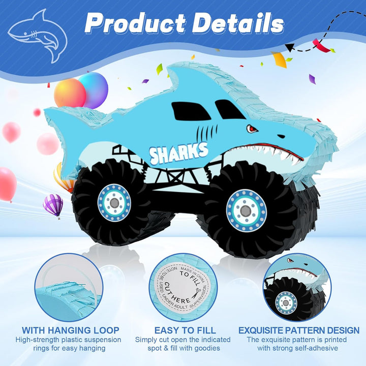 Shark Truck Pinata - Monster Truck Pinata with Blindfold and Bat for Kids Shark Monster Truck Theme Birthday Party Game Decorations (16.7”X10.2”X3”)