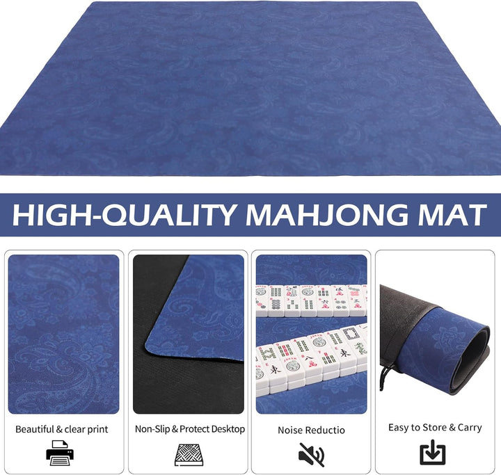 Mahjong Mat, Mahjong Table Mat with Prints & Extra Dice, for Poker, Card, Mahjong, Dominoes Games (Blue, 35 Inches)