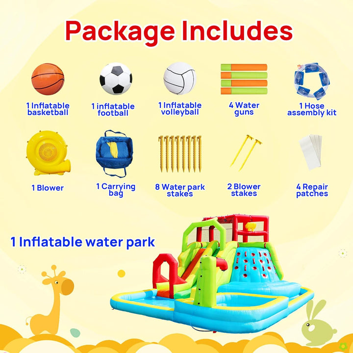 Inflatable Water Slide Park, Bouncy Castle with Deep Pool, 3 Inflatable Sport Balls and 4 Water Guns, Jumping Castle with Air Blower