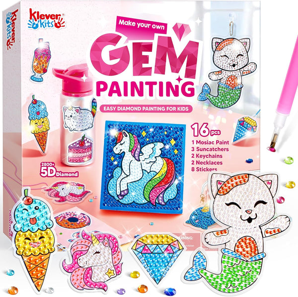 16 Projects Gem Painting, Kids Diamond Gem Painting Kit with 5D Gem, Arts and Crafts for Girls Ages 6-12, Gem Craft Activities Kits, Premium Art Gift Ideas for Girls Ages 6, 7, 8+