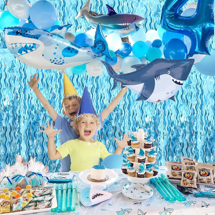 Wavy Tinsel Foil Fringe Curtains Teal Blue Streamers Backdrop for Ocean Themed Party Blue Birthday under the Sea Party Decorations(2 Pack,3.2 Ft X 6.6 Ft)