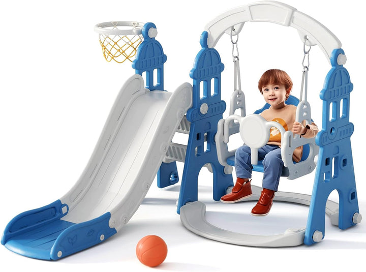 4-In-1 Kids Slide and Swing Set, Toddler Slide with Basketball Hoop, Swing, Outdoor Indoor Playground for Toddlers 1-3 (4 in 1-Pink)