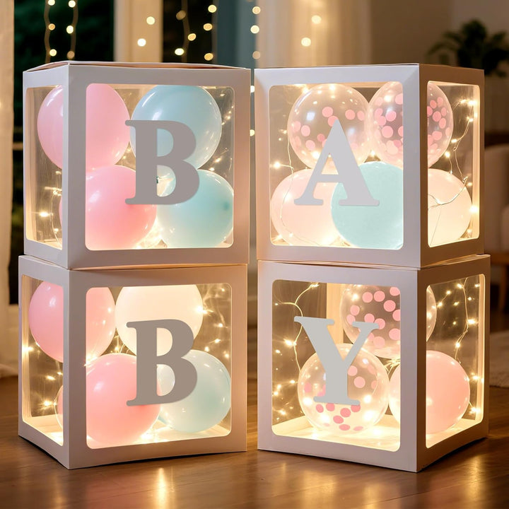 Baby Boxes with Letters for Baby Shower Decorations, 4 Pcs Clear Baby Balloon Boxes Blocks Decor with LED Fairy String Lights for Boy Girl Gender Reveal Decorations Backdrop Party (White)