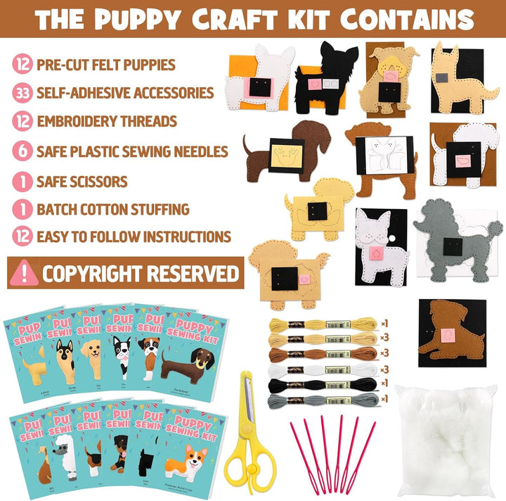 Puppy Craft Kit Kids DIY Crafting and Sewing Set Dog Stuffed Animal Felt Plushie for Girls and Boys Educational Beginners Sewing Set Sewing Kits for Kids Age 8 9 10 11 12
