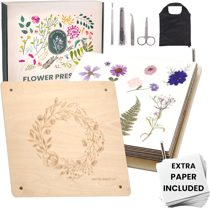 Extra Large Flower Press Kit | 11"X11" 10 Layers Wooden Pressing Boards, Tools & Bag | Crafting Kits for Adults & Kids | DIY Pressed Flower Plant Preservation Kit | Bouquet Preservation | Great Gift