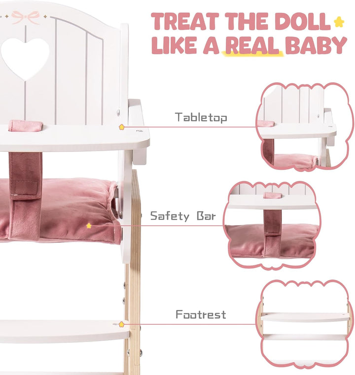 Wooden Baby Doll High Chair, Pink Wooden Baby Doll Chair for 18 Inch Dolls, Pretend Play High Chair Baby Doll Accessories, Small