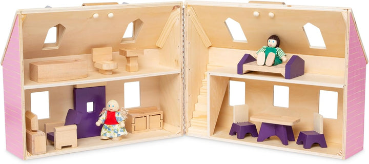 Fold and Go Wooden Dollhouse with 2 Dolls and Wooden Furniture,Multi,One Size