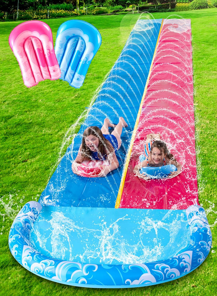 22.5Ft Water Slides and 2 Bodyboards, Lawn Water Slide Summer Slip Waterslides Water Toy with Build in Sprinkler for Backyard Outdoor Water Fun for Kids