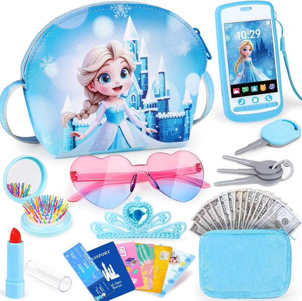 Play Purse for Little Girls, Toddler Kids Toy Purse with Accessories, Pretend Play Makeup Set, Crossbody Bag, Wallet, Fake Keys, Birthday Christmas Princess Gifts Toys for Girls Ages 3 4 5 6 Year Old