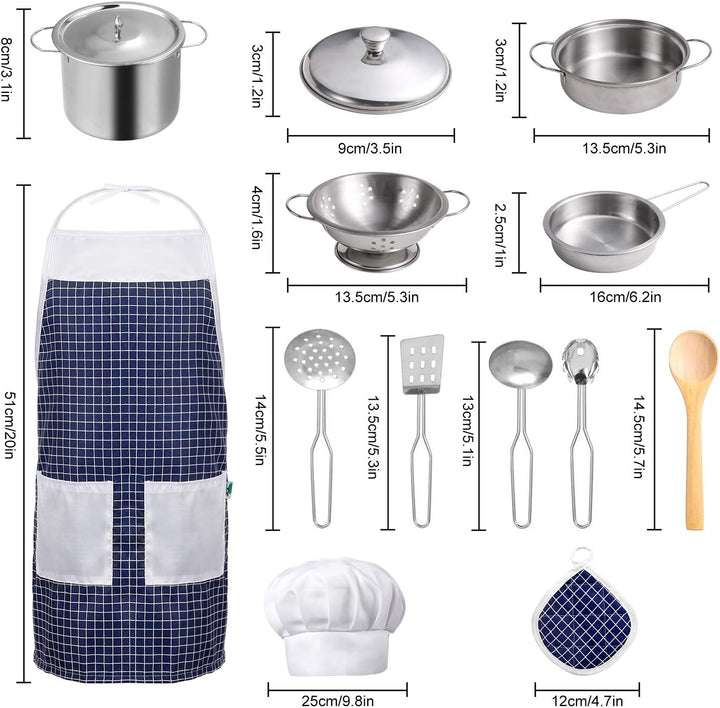 Play Kitchen Accessories, Kids Kitchen Pretend Play Toys, Kitchen Set with Stainless Steel Cooking Utensils Cookware Pots and Pans Set Healthy Vegetables, Knife, Apron, Little Chef Boys Girls