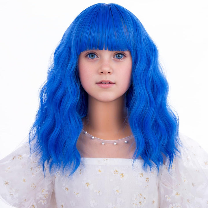 Blonde Wig Kids Child Short Wavy Wig with Bangs Flaxen Blonde Wigs Synthetic Girls Cosplay Halloween Party Costume Wigs (Flaxen Blonde)