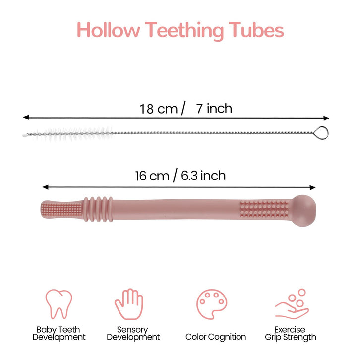 Hollow Teether Tube Chew Straw Sensory Toy for Infant Toddlers Silicone Tubes Teething Toys for Babies 3-12 Months 0-36 Months Gifts Learning Developmental Toys BPA Free Freezable 6 Pack