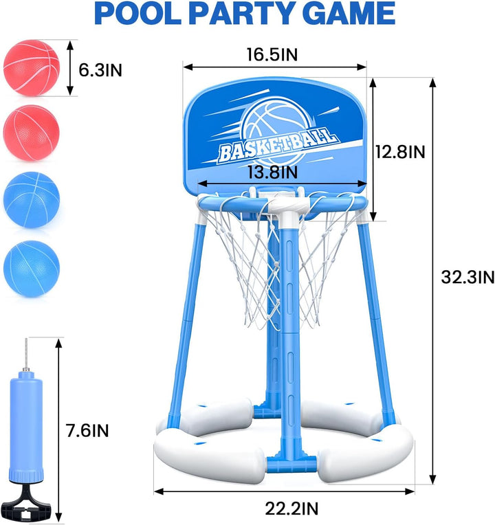 Pool Basketball Hoop with Backboard, Floating Pool Toy with 4 Balls and Pumps, Pool Basketball Game Outdoor Toy for Kids Adults Family Party Water Summer Toys (Red) (Blue-With Board)