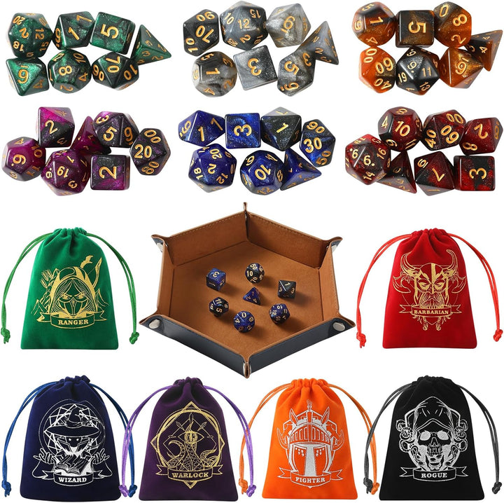 DND Dice Set, 42 Pcs Polyhedral Dice Set with 6 Colorful Animal Pattern Bag and PU Leather Velvet Tray for Dungeons Dragons D&D RPG MTG Table Games