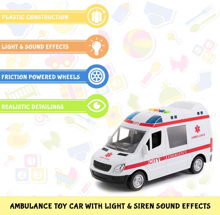 Ambulance Toy Car with LED Lights & Siren Sound Effects - Friction Powered Wheels Plastic Rescue Vehicle Toy for Kids & Toddlers