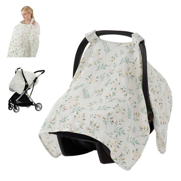 Baby Car Seat Cover, Extra Large Mesh Window, Breathable Muslin Cotton, Infant Windproof Canopy, Must-Have Baby Gift - Roman Green