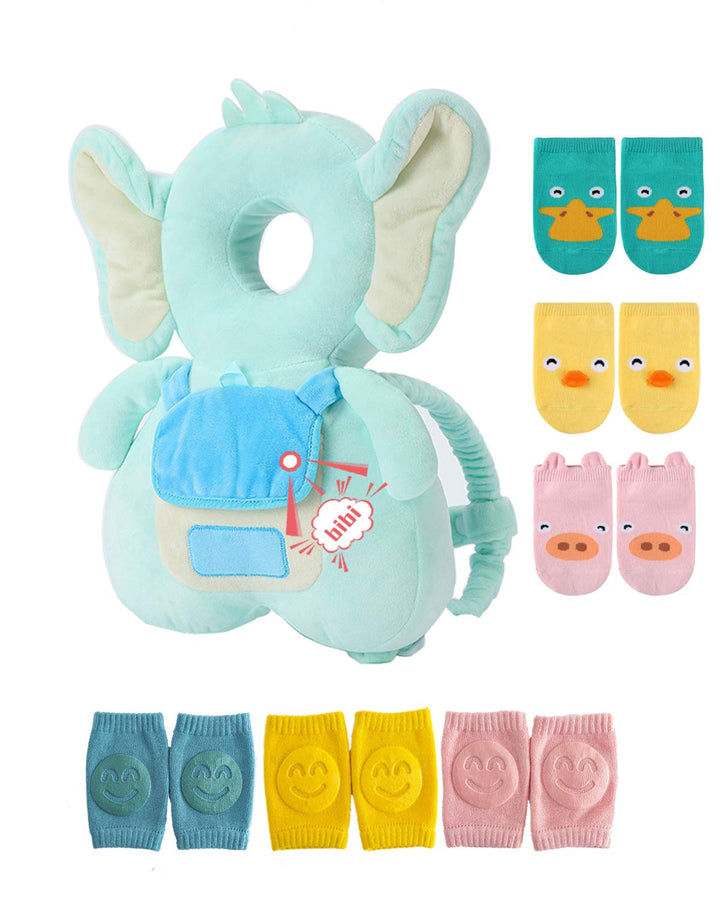 Baby Head Protector Backpack with Squeaker, Knee Pads, Anti-Slip Socks, Yellow Lion Sets