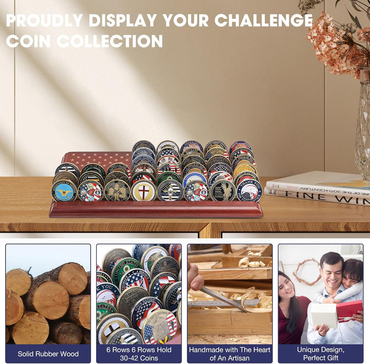 6-Row Challenge Coin Display with United States Flag, Challenge Coin Holder Made of 100% Solid Wood