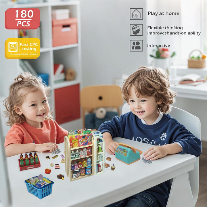 180Pcs Mini Shopping Cart Playset - Pretend Grocery Dollhouse Accessories Toys with Miniature Cash Register, 2 Fruit-Veggie Stands, 3 Shelves, 100+ Play Food - Educational Role Play Toys for Toddlers