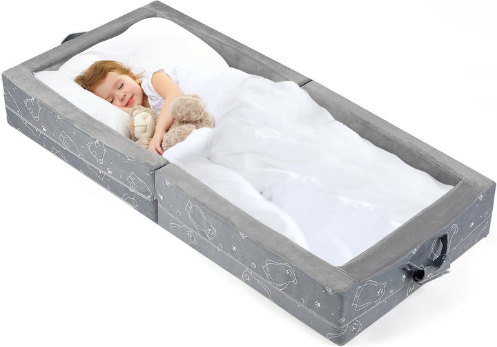 Portable Toddler Travel Bed – Foldable Soft Foam Floor Crib with Washable Cover, Built-In Safety Rails, No Assembly, Compact for Travel & Home Use, Grey