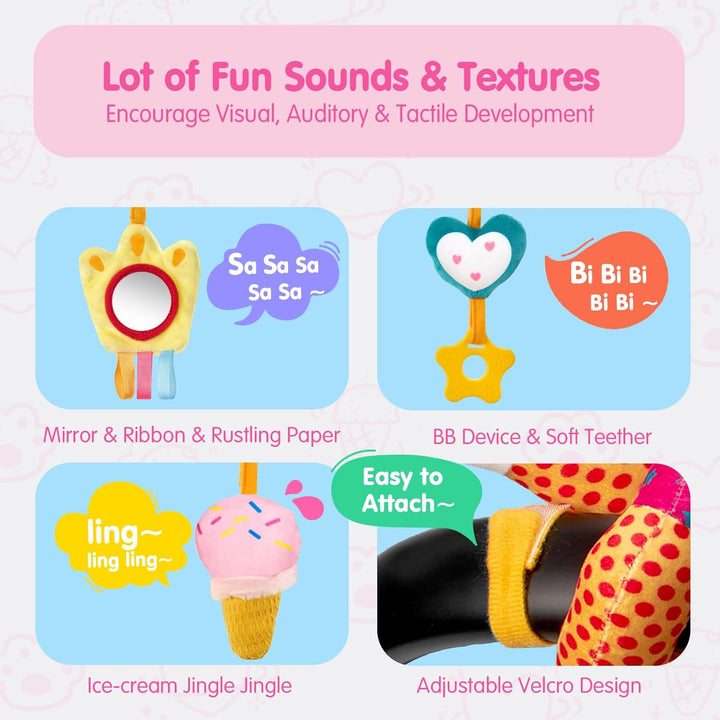 Car Seat Toys for Babies 0-6 Months Girl - Baby Toys 3-6 Months - Rattle, Mirror, Crinkle, Squeaky Carseat Stroller Toy 0-6 Months Developmental Newborn Baby Girl Birthday Gifts