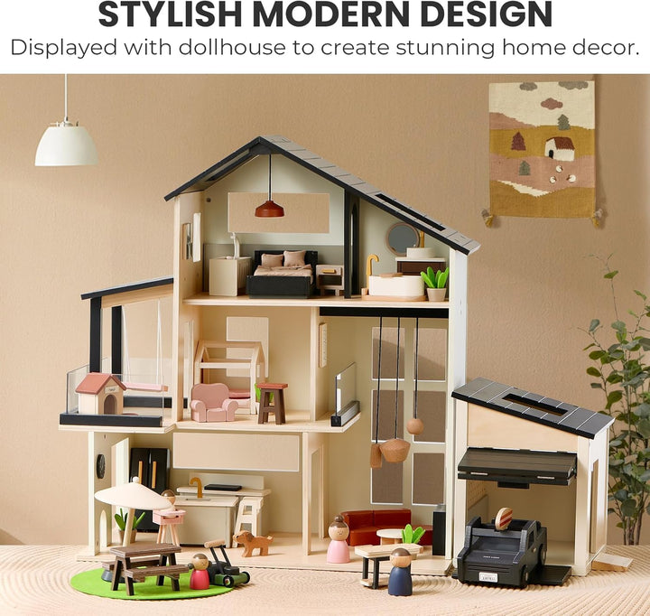 Wooden Dollhouse Garage Toy Set – Realistic Design with Garage, Workbench, Lawn Mower, and SUV Car – Ideal Gift for Kids