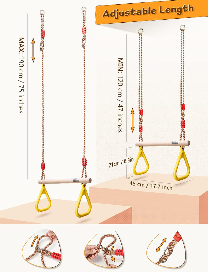 Trapeze Bar Swing Set Hanging Bar Rings for Kids 18" Wooden Swing Bar Heavy Duty Carabiner for Kids Backyard Outdoor Play