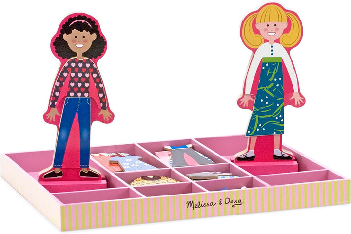 Abby and Emma Deluxe Magnetic Wooden Dress-Up Dolls Play Set (55+ Pcs) Magnetic Paper Dolls for Kids Ages 3+